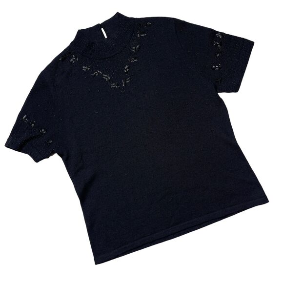 Vintage Style Size Large Retro 50s Black Beaded Wool Blend Sweater Short Sleeve - Picture 1 of 8